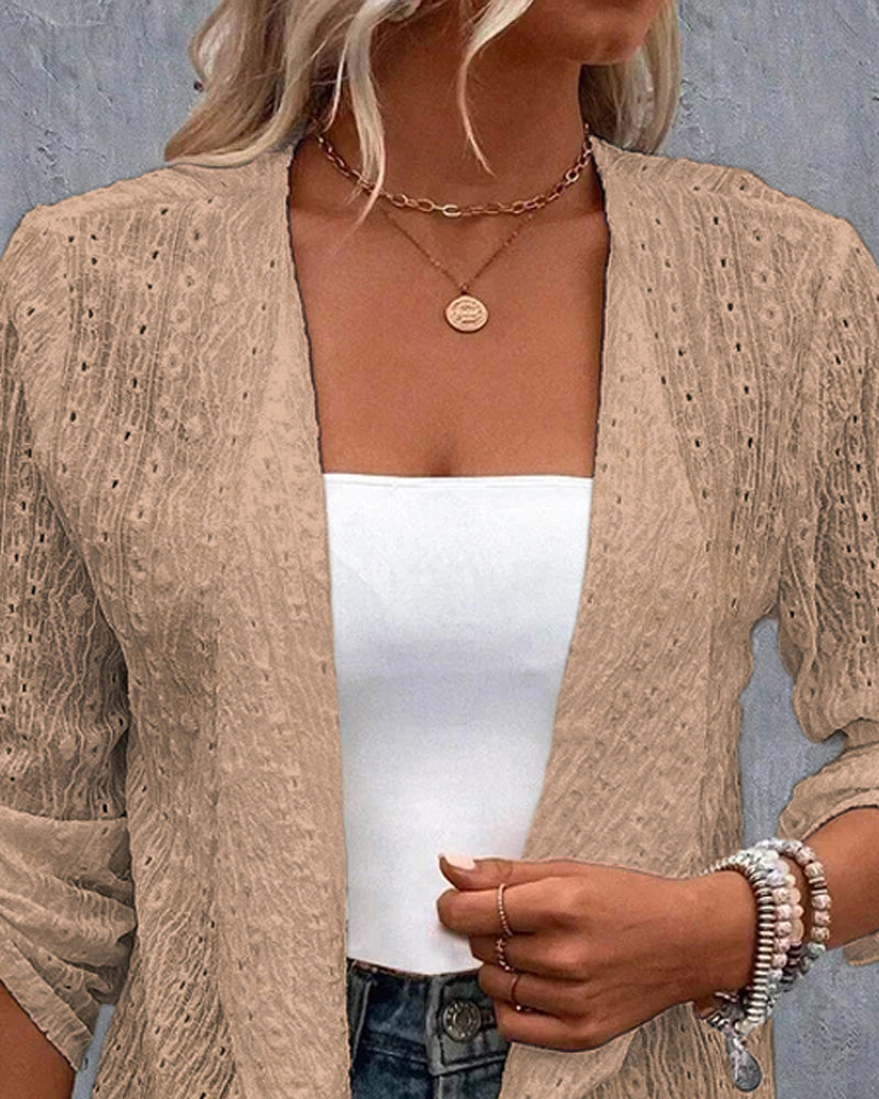 Eyelet Embroidery Turn-Up Sleeves Open Front Coat