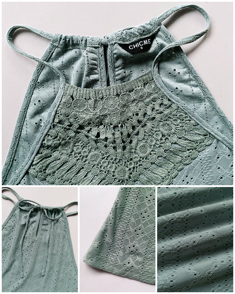 Halter Lace Up Water Soluble Lace Trim Sleeveless Tank Jacquard Casual Slim Fit Knit Top