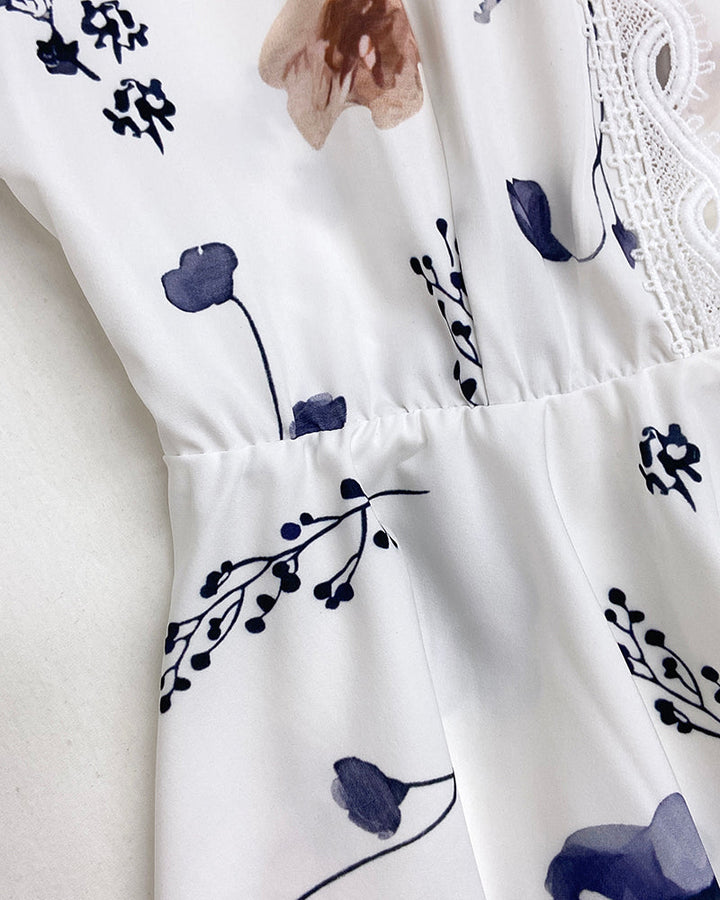 Floral Print Deep V-Neck Lantern Sleeve Casual Contrast Lace Tied Detail Blouse