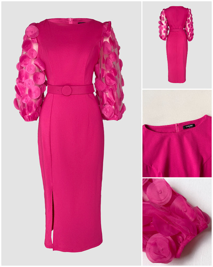 3D Polka Dot Appliques Mesh Lantern Sleeve Zipper Back Slit Work Dress Cinched Waist Slim Fit Mid Length Dress With Belt
