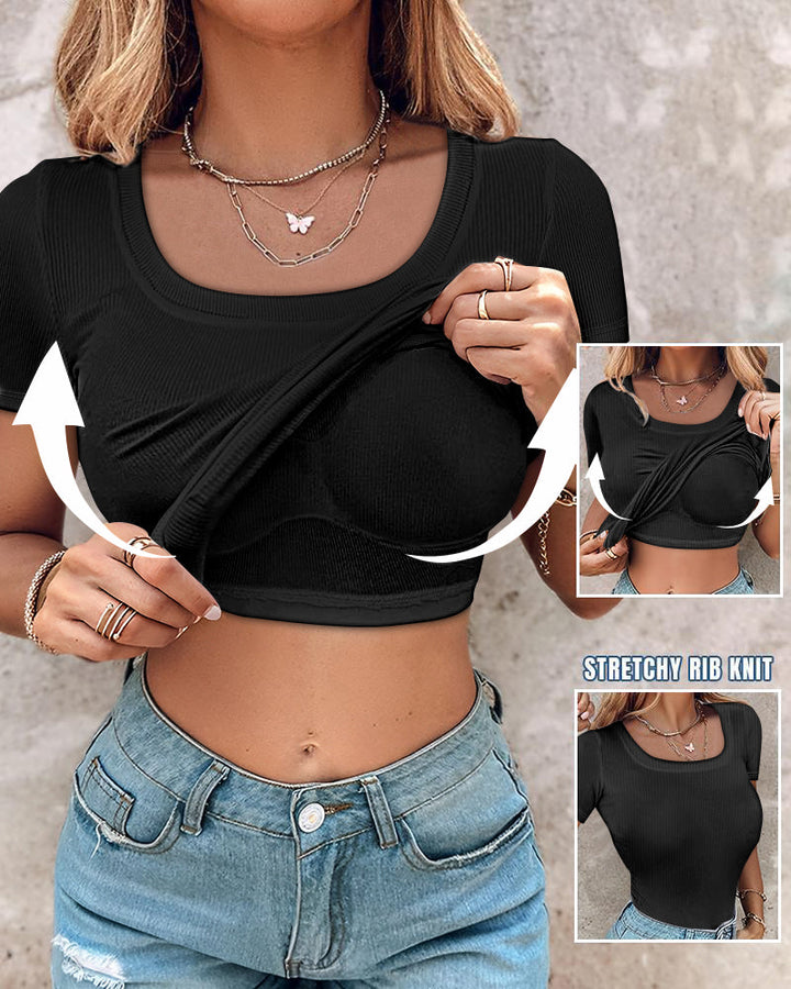 Built-in Bra U-neck Short Sleeve T-shirt Rib-knit Top