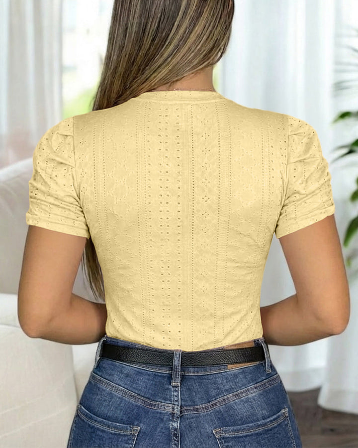 Round Neck Puff Sleeve Hollow-out Jacquard Textured Tee Slim Fit Ruched Short Sleeve Knit Top