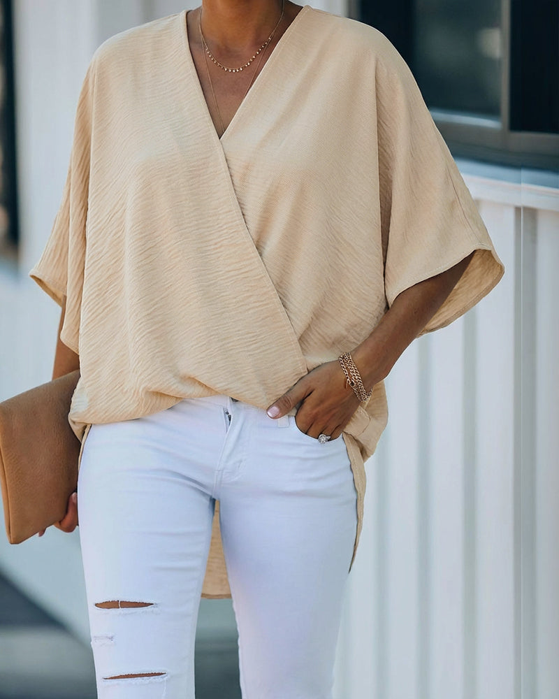 Overlap V Neck Batwing Sleeve High-Low Hem Blouse Casual Ruched Loose Fit Minimalist Top