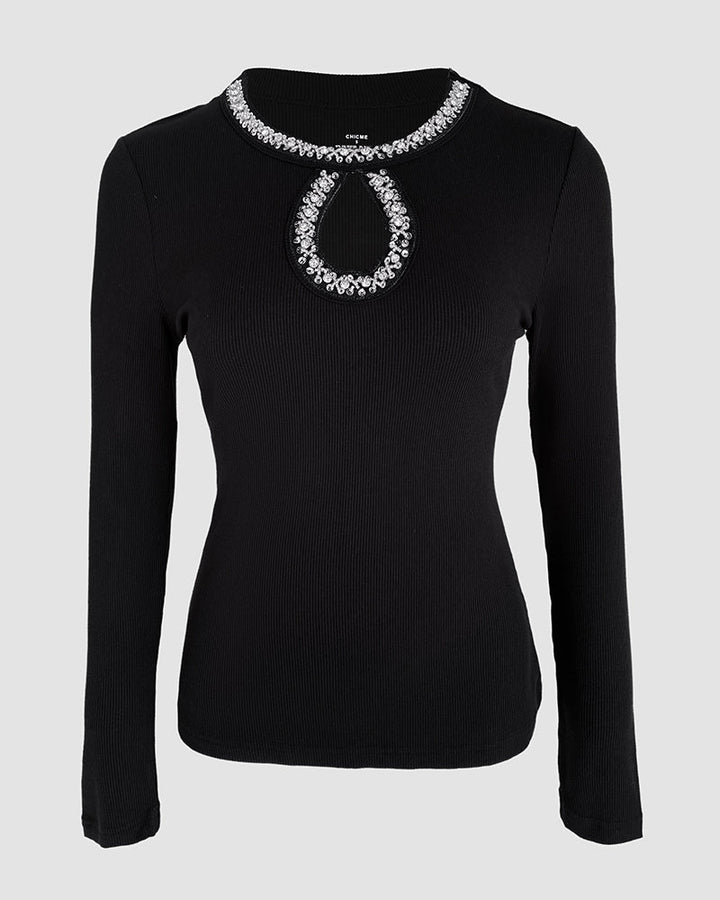 Rhinestone Decor Keyhole Neck Hollow Water Drop Ribbed Top Long Sleeve Slim Fit Layering Top