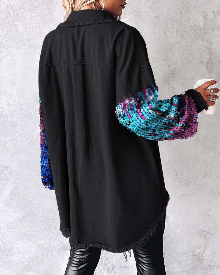Colorblock Sequin Patchwork Long Sleeve Jacket Top Button Front Raw Hem Shacket