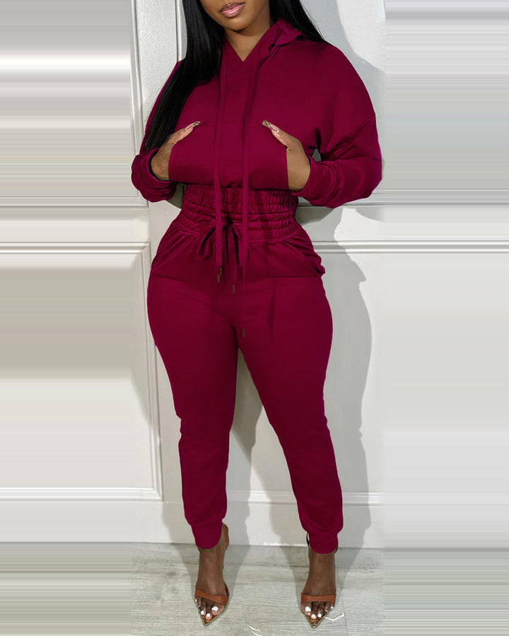 2 Pieces Outfit Drop Shoulder Kangaroo Pocket Stretchy Hem Crop Drawstring Hoodie Sweatshirt And Drawstring Elastic Waist Jogger Sweatpants Casual Tracksuit