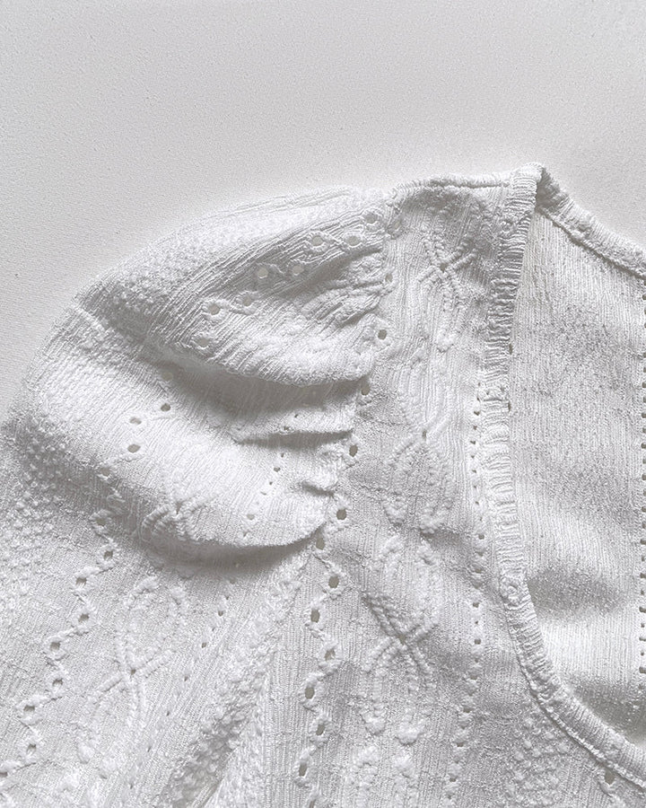 Jacquard Square Neck Puff Sleeve Eyelet Embroidery T-Shirt Long Sleeve Slim Fit Top