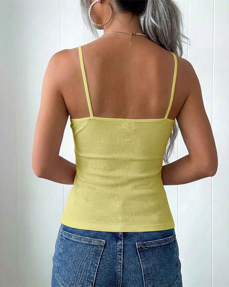 French Style V-Neck Spaghetti Straps Lace Spliced Top Slim Fit Ribbed Cami Top with Built-In Bra
