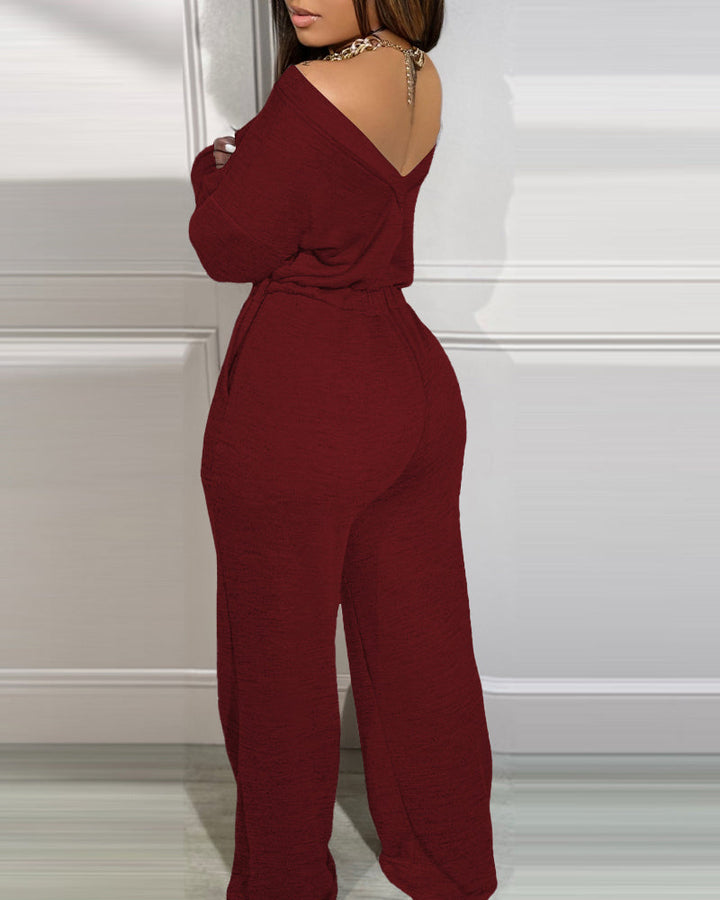 Off Shoulder V Back Elastic Waist Pockets Design Jumpsuit Casual Drop Shoulder Cinched Waist Wide Leg Jumpsuit