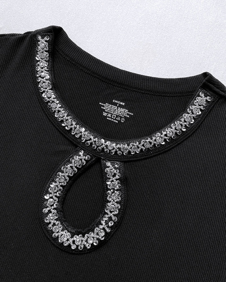 Rhinestone Decor Keyhole Neck Hollow Water Drop Ribbed Top Long Sleeve Slim Fit Layering Top