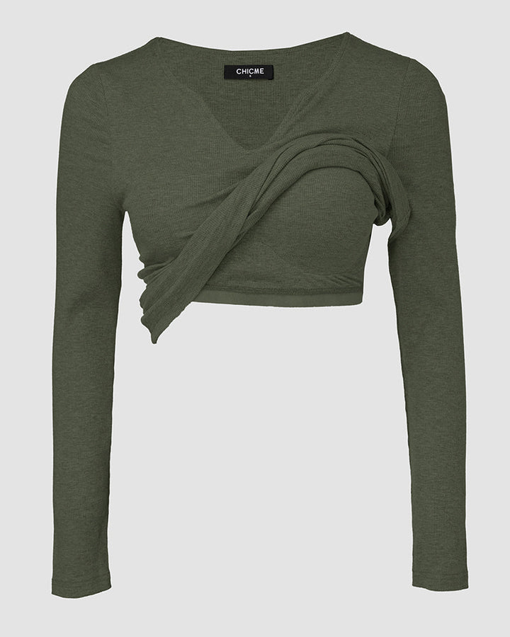 Chicme Built In Bra Notch Neck Long Sleeve Shirts Rib Knit Ruched Waist Top