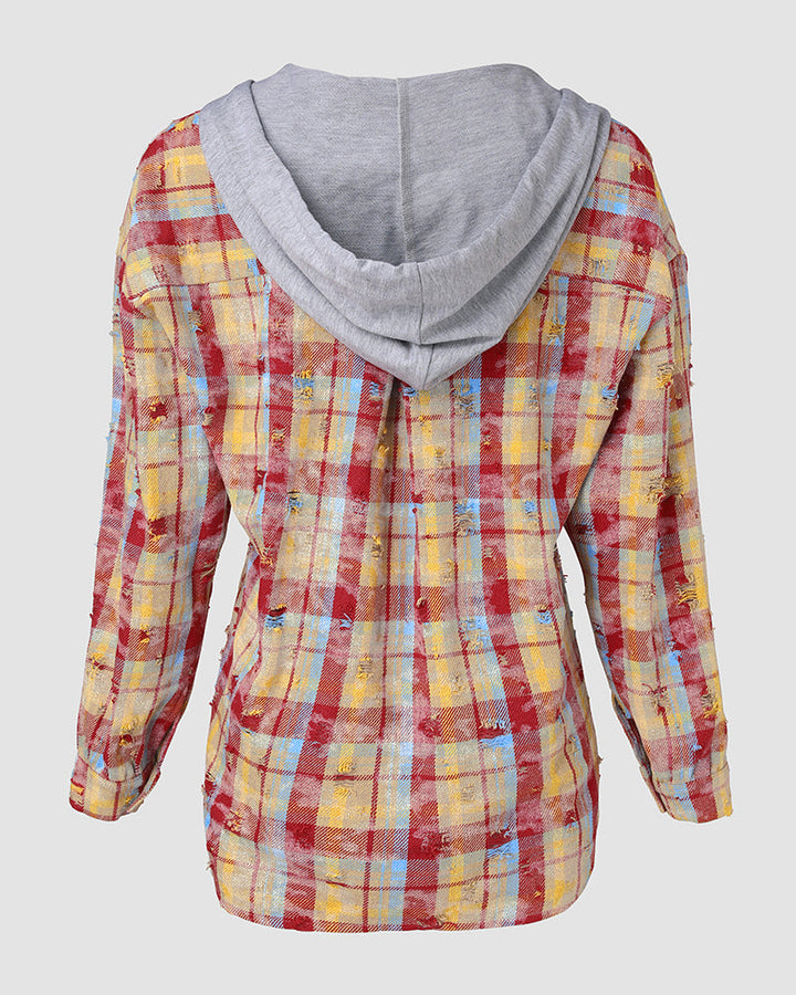 Colorblock Plaid Print Hooded Distressed Button Front Coat Shacket