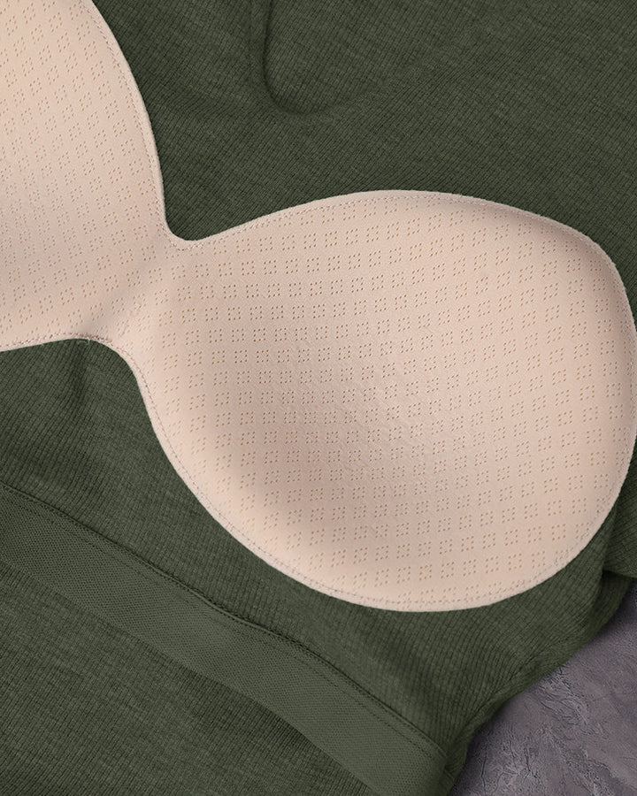 Chicme Built In Bra Notch Neck Long Sleeve Shirts Rib Knit Ruched Waist Top