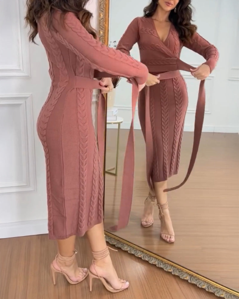 Cable Textured Overlap Deep V Neck Long Sleeve Mid Length Dress Tie Waist Slim Fit Knit Dress