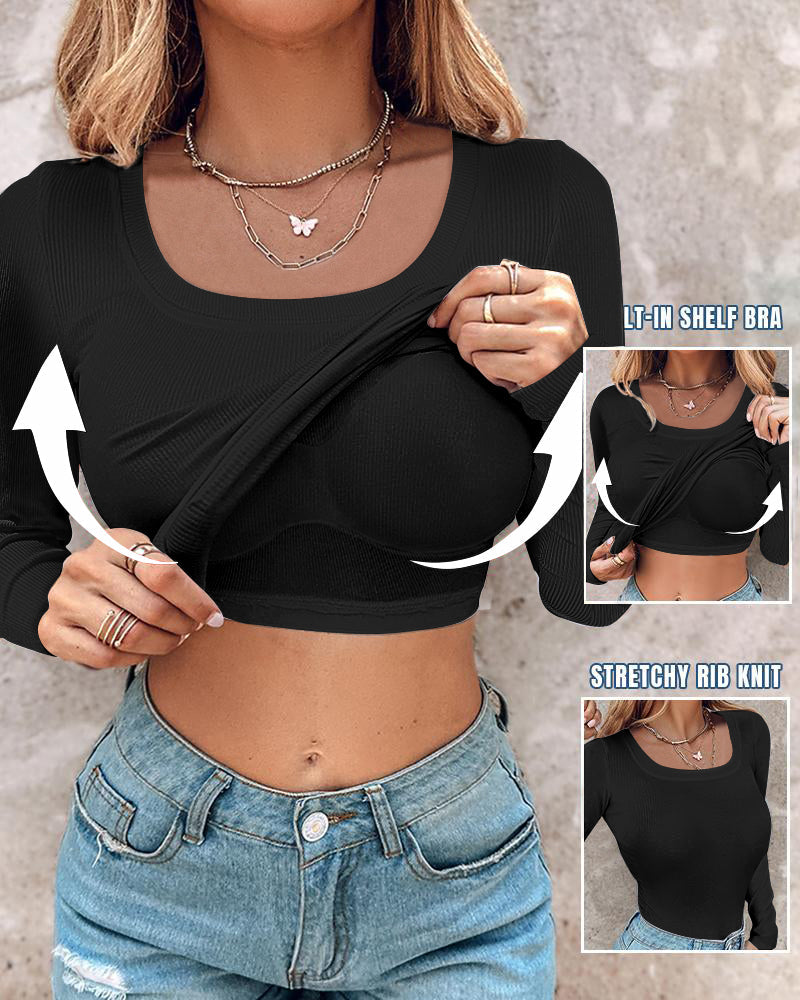 Chicme Built In Bra U Neck Long Sleeve Ribbed Top