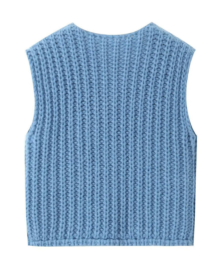 V-Neck Sleeveless Button Front Knit Vest Casual Loose Fit Sweater Top with Pockets