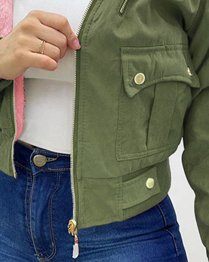 Fuzzy Trim Jacket Hooded Zip Up Fleece Lined Coat Outwear with Pockets