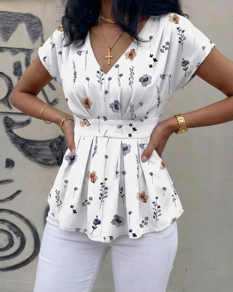 Watercolor Ditsy Floral Print V-Neck Short Sleeve Cinched Waist Blouse Casual Ruched Shoulder Shirred Back Waist Top