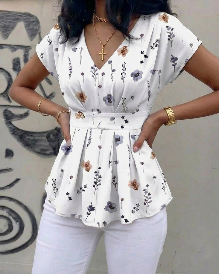 Watercolor Ditsy Floral Print V-Neck Short Sleeve Cinched Waist Blouse Casual Ruched Shoulder Shirred Back Waist Top