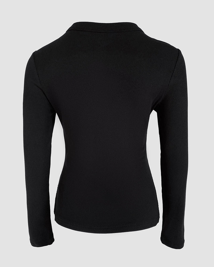 Rhinestone Decor Keyhole Neck Hollow Water Drop Ribbed Top Long Sleeve Slim Fit Layering Top