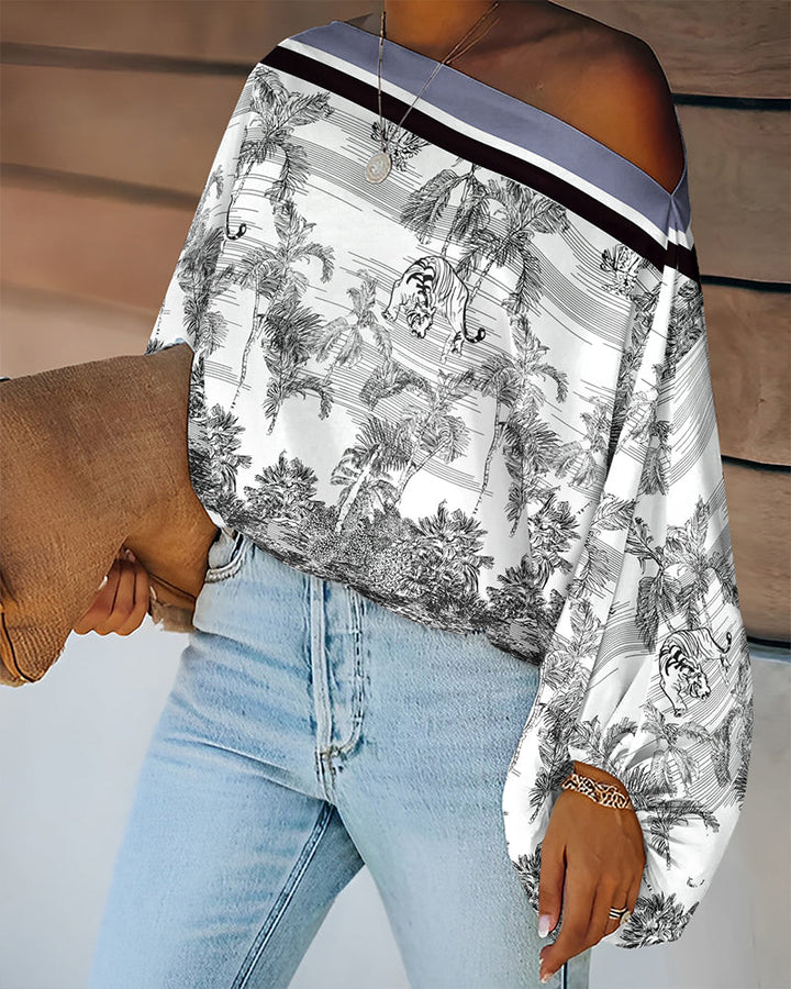 Ink Plants & Animal Placement Print Skew Neck Lantern Sleeve Blouse Casual Contrast Striped Loose Fit Top