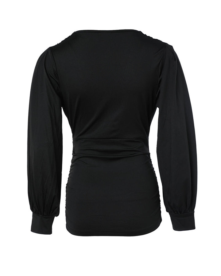 Deep V-Neck Lantern Sleeve Ruched Blouse Casual Slim Fit Top