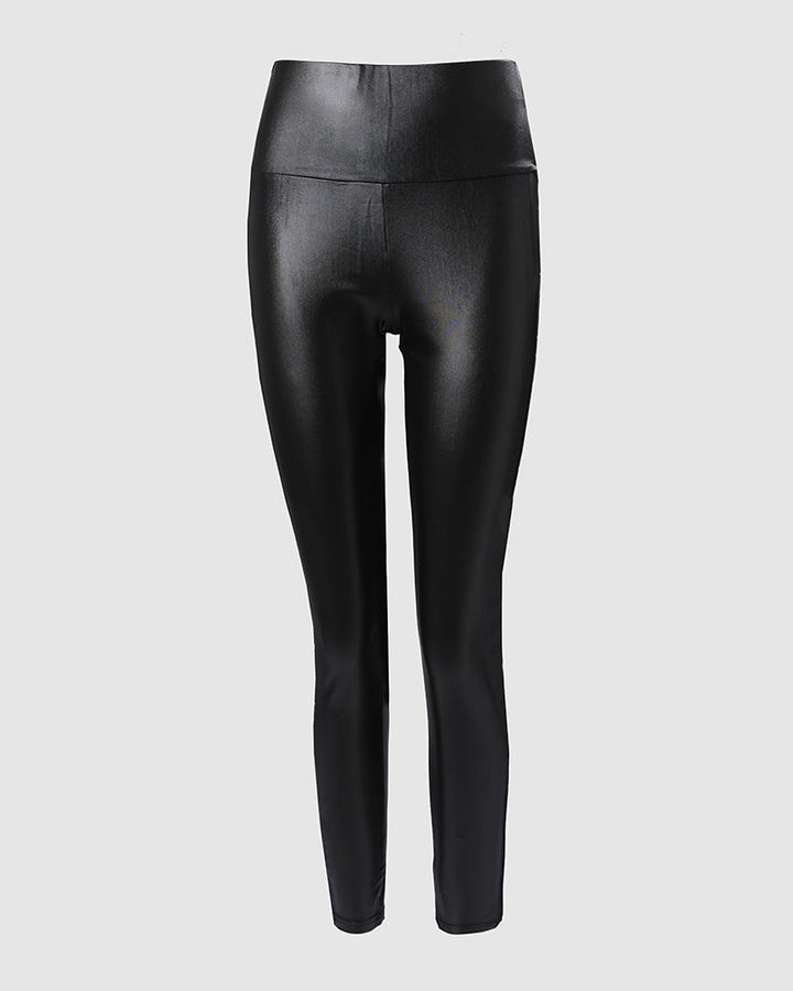 Rhinestone Contrast Mesh High Waist Skinny Pants Sexy Slim Fit Pu Leather Pants