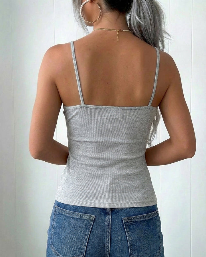 French Style V-Neck Spaghetti Straps Lace Spliced Top Slim Fit Ribbed Cami Top with Built-In Bra