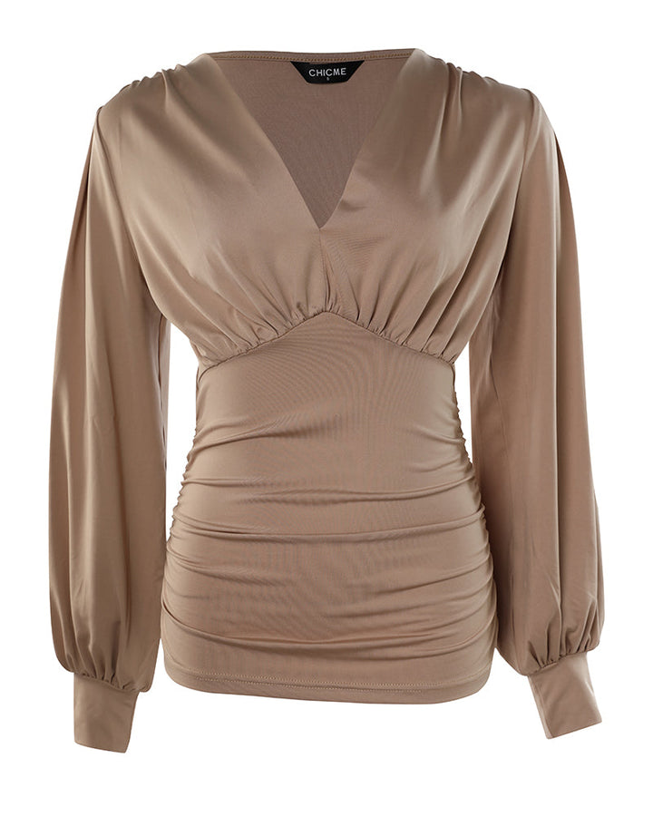 Deep V-Neck Lantern Sleeve Ruched Blouse Casual Slim Fit Top
