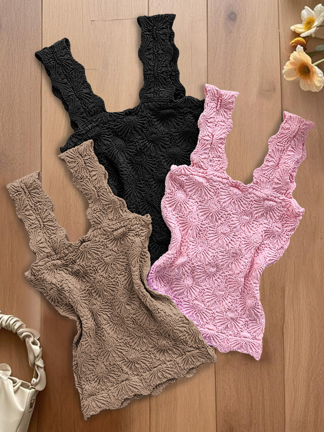 3-Pack Wide Strap Tank Tops Lettuce Trim Cami Tops with Floral Jacquard
