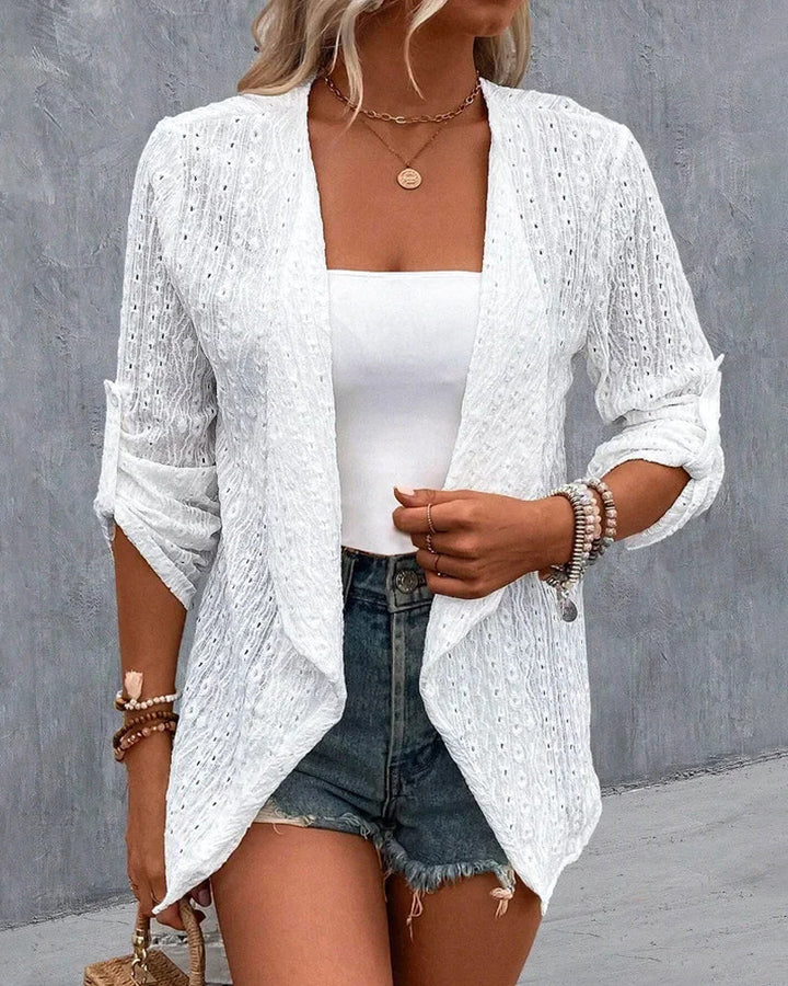 Eyelet Embroidery Turn-Up Sleeves Open Front Coat