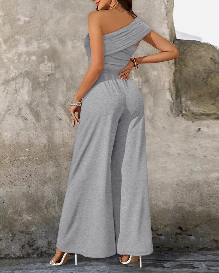 Cold Shoulder Ruched Buckle Wide Leg Jumpsuit