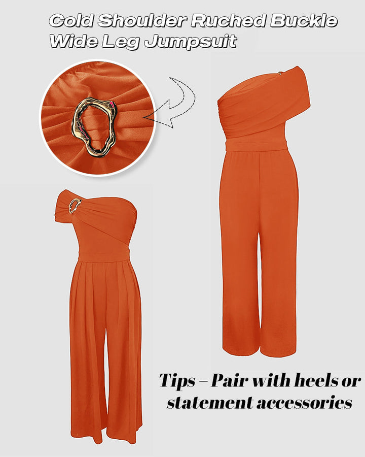 Cold Shoulder Ruched Buckle Wide Leg Jumpsuit
