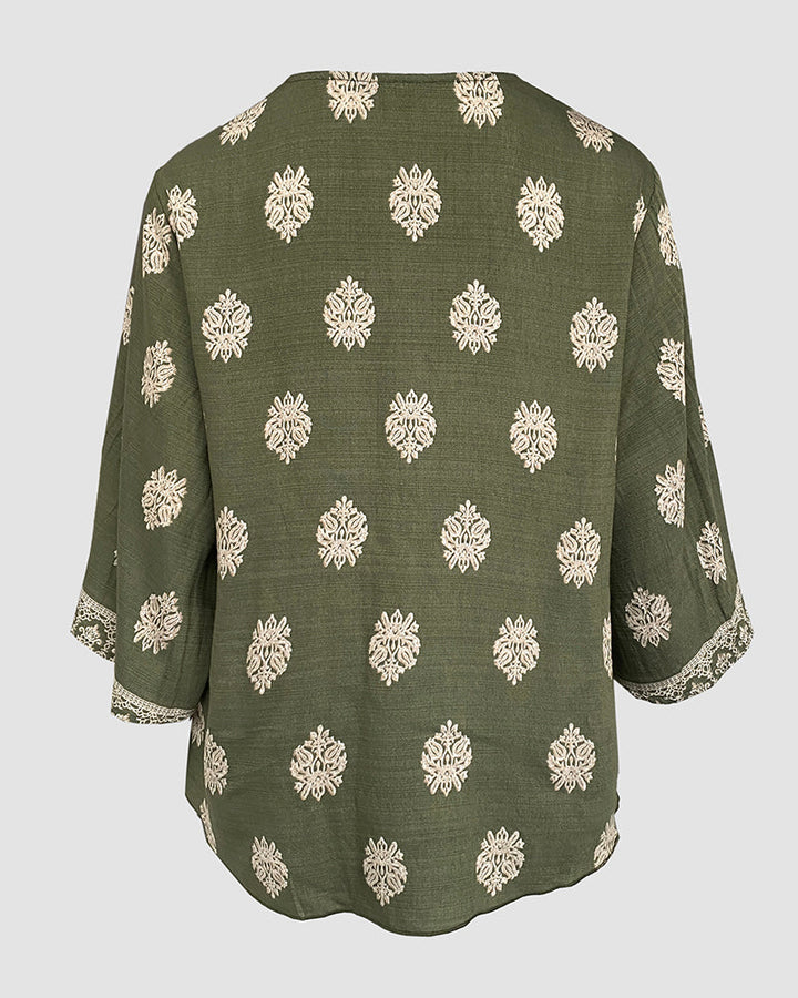 Floral Print V Neck Long Sleeve Blouse Casual Loose Fit Top