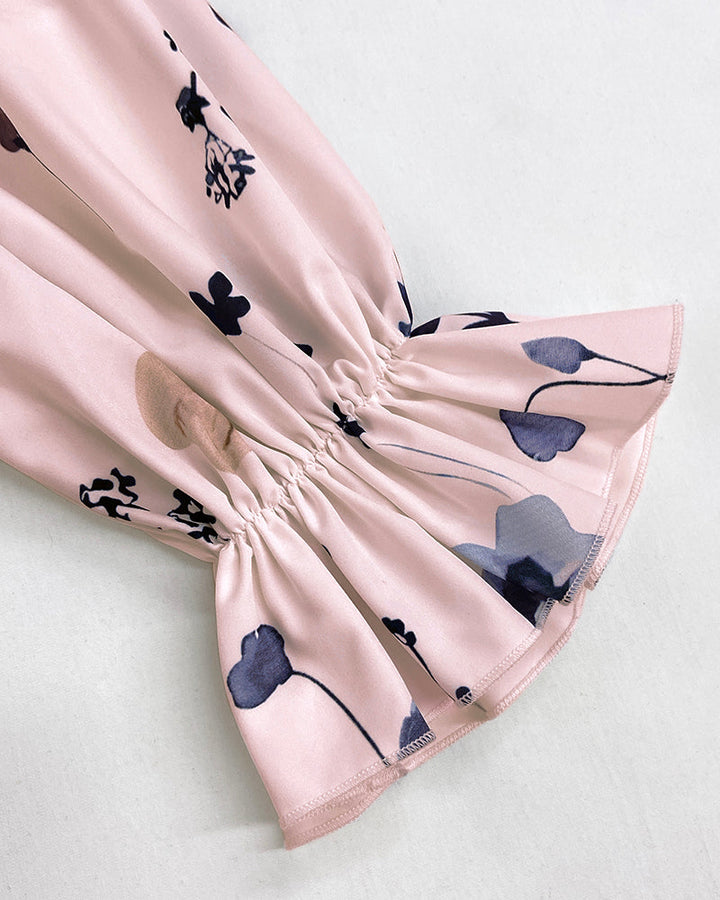 Floral Print Deep V-Neck Lantern Sleeve Casual Contrast Lace Tied Detail Blouse