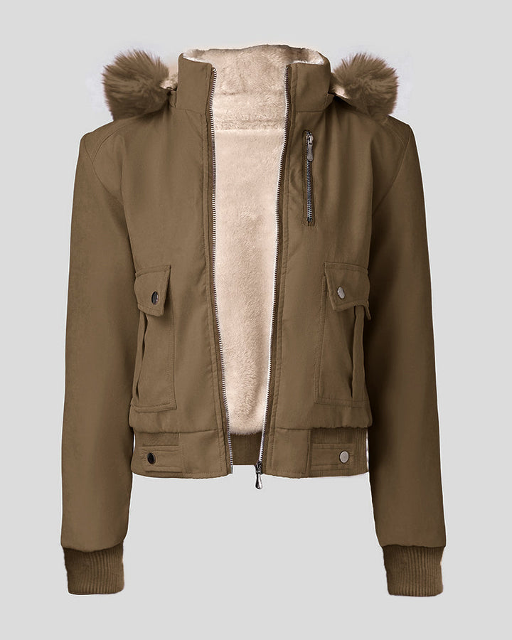 Fuzzy Trim Jacket Hooded Zip Up Fleece Lined Coat Outwear with Pockets