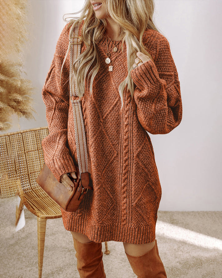 Round Neck Long Sleeve Drop Shoulder Pullover Sweater Casual Loose Fit Cable Knit Mid Length Sweater