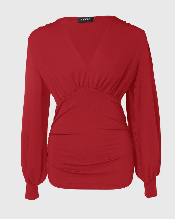 Deep V-Neck Lantern Sleeve Ruched Blouse Casual Slim Fit Top