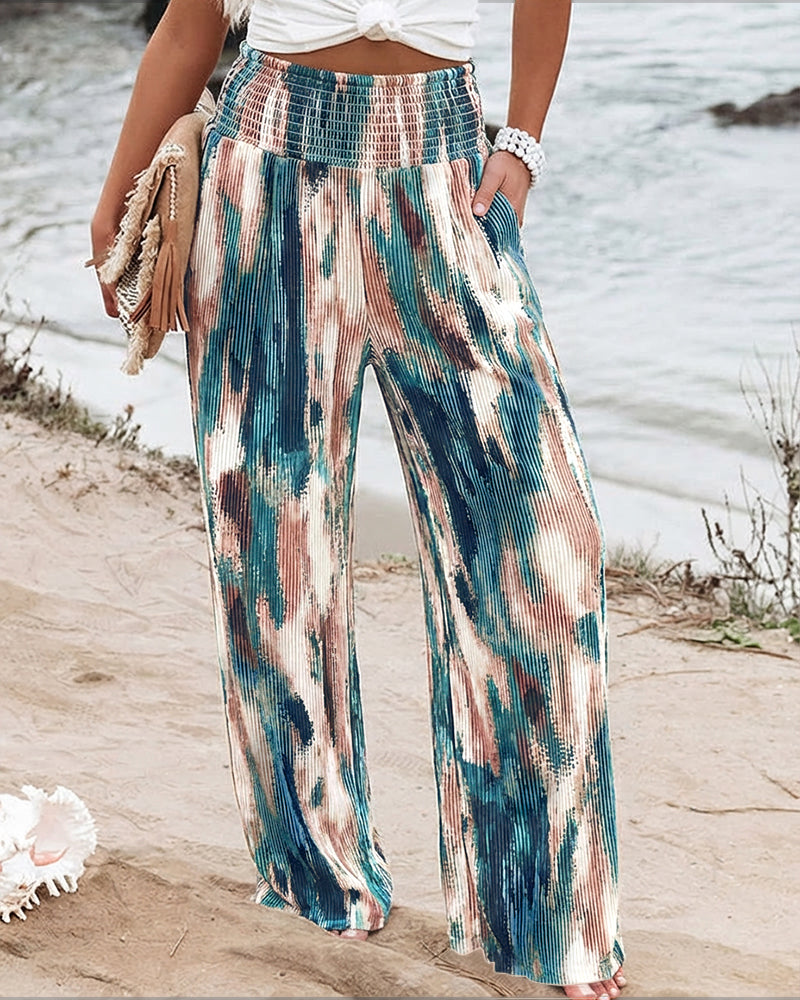 Tie Dye Print High Wait Elastic Waist Pleated Wide Leg Pants