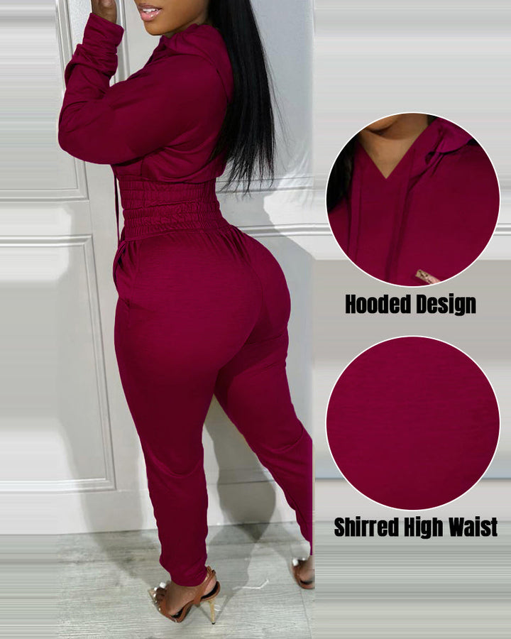 2 Pieces Outfit Drop Shoulder Kangaroo Pocket Stretchy Hem Crop Drawstring Hoodie Sweatshirt And Drawstring Elastic Waist Jogger Sweatpants Casual Tracksuit