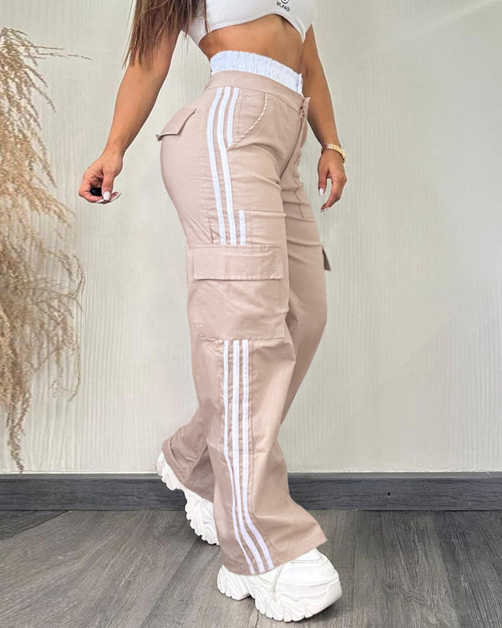 Contrast Side Striped Zipper Fly Stretchy High Waist Pants Flap Pockets Design Double Waistband Cargo Pants
