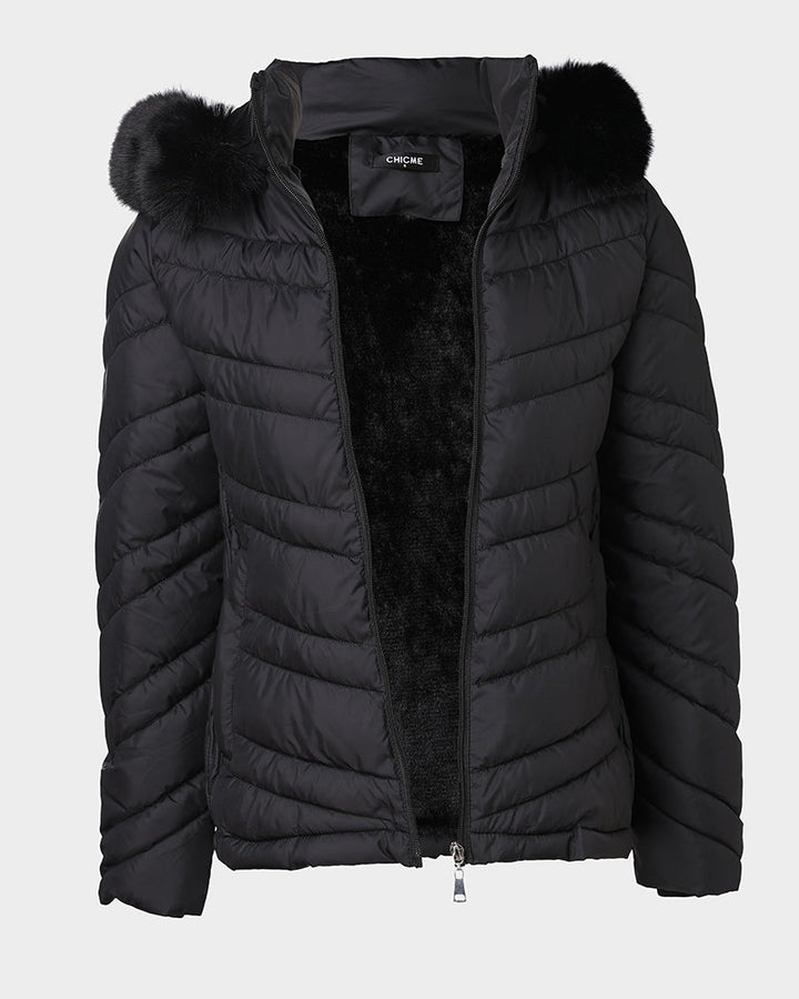 Zipper Pocket Design Shirred Fuzzy Trim Fleece Lined Hooded Puffer Jacket
