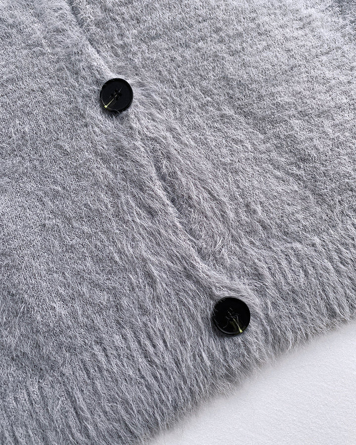 V-Neck Single Breasted Fuzzy Cardigan Casual Minimalist Sweater Coat
