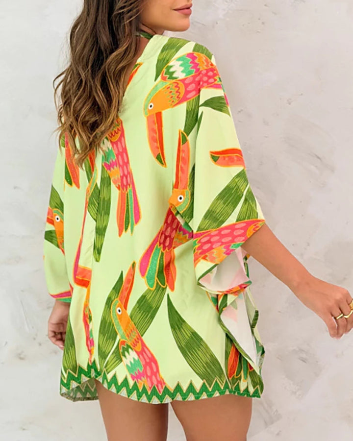 Allover Parrot Print Open Front Half Sleeve Cover-up Casual Hollow-out Back Loose Fit Cardigan