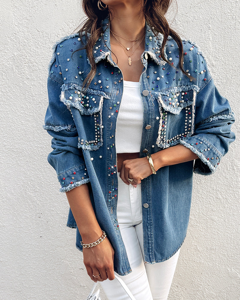 Colorful Rhinestone &  Pearls Decor Turn-down Collar Long Sleeve Jacket Casual Front Button Raw Hem Denim Coat with Pockets