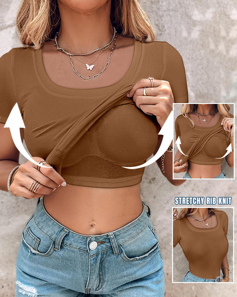 Built-in Bra U-neck Short Sleeve T-shirt Rib-knit Top