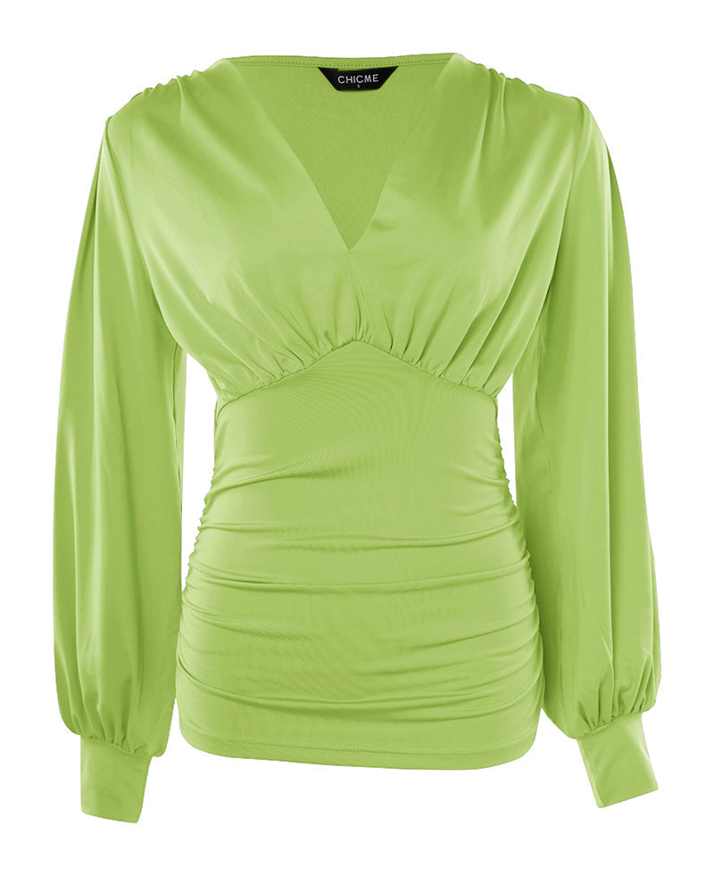 Deep V-Neck Lantern Sleeve Ruched Blouse Casual Slim Fit Top