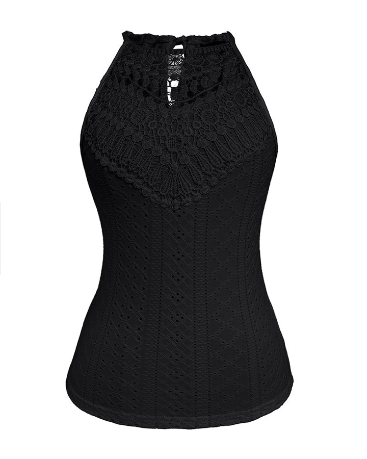 Halter Lace Up Water Soluble Lace Trim Sleeveless Tank Jacquard Casual Slim Fit Knit Top
