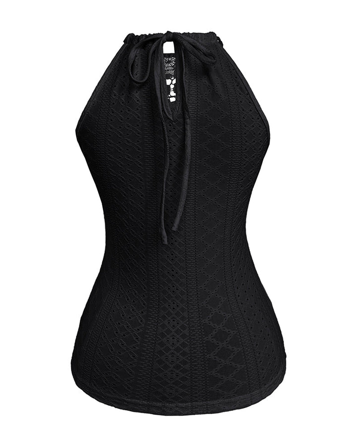 Halter Lace Up Water Soluble Lace Trim Sleeveless Tank Jacquard Casual Slim Fit Knit Top