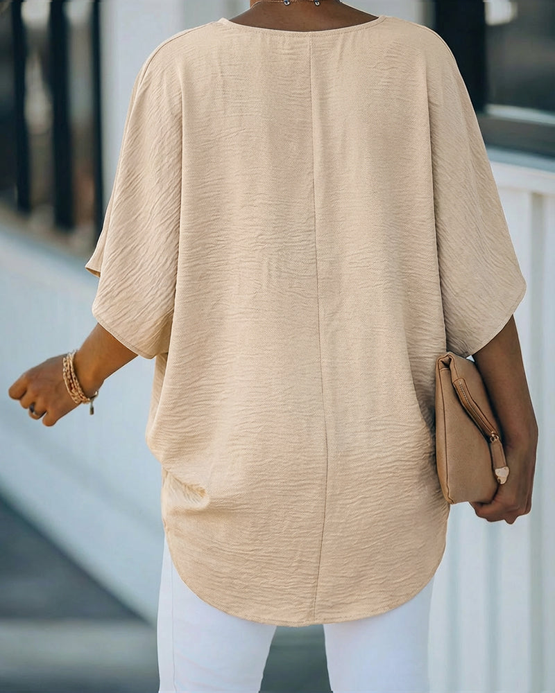 Overlap V Neck Batwing Sleeve High-Low Hem Blouse Casual Ruched Loose Fit Minimalist Top